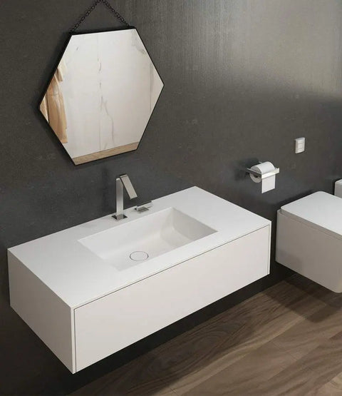 Corian® Waschtisch PureOne mit Becken eckig und Unterschrank einreihig mittig