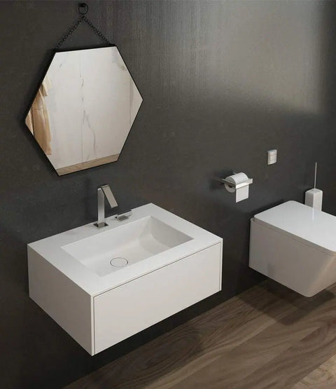 Corian® Waschtisch PureOne mit Becken eckig und Unterschrank einreihig mittig