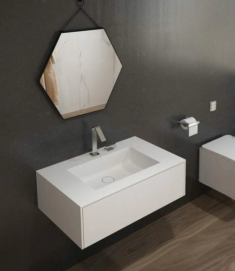 Corian® Waschtisch PureOne mit Becken eckig und Unterschrank einreihig mittig