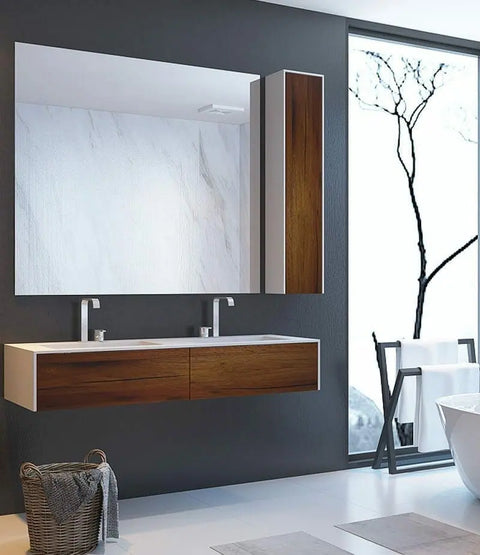 Corian® Doppelwaschtisch WoodOne eckig mit Unterschrank einreihig by Henneke