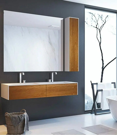 Corian® Doppelwaschtisch WoodOne eckig mit Unterschrank einreihig by Henneke