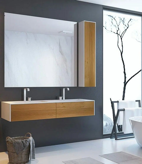 Corian® Doppelwaschtisch WoodOne eckig mit Unterschrank einreihig by Henneke