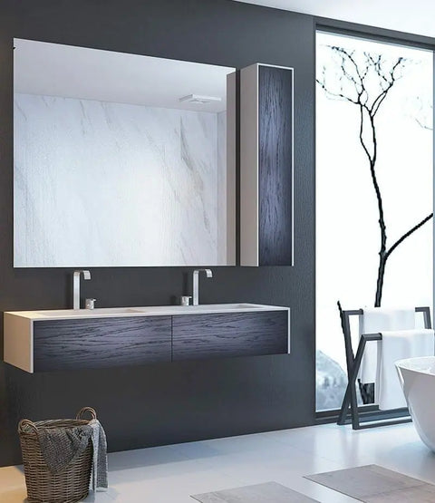Corian® Doppelwaschtisch WoodOne eckig mit Unterschrank einreihig by Henneke