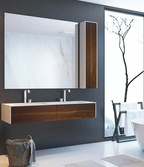 Corian® Doppelwaschtisch WoodOne eckig mit Unterschrank einreihig by Henneke