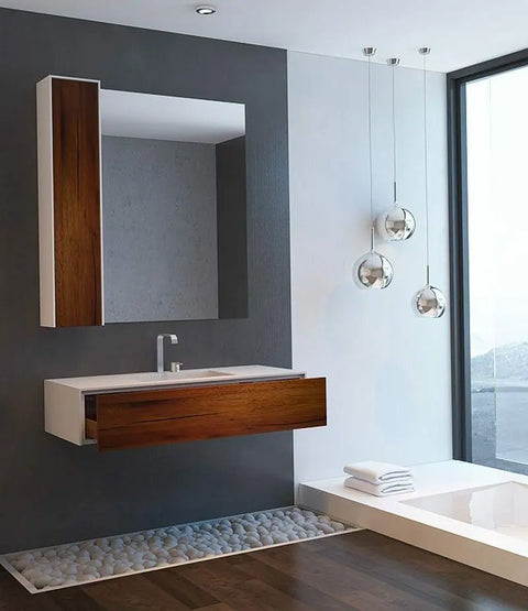 Corian® Waschtisch WoodOne mit Becken mittig eckig und Unterschrank einreihig