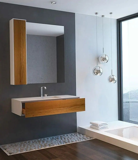 Corian® Waschtisch WoodOne mit Becken mittig eckig und Unterschrank einreihig