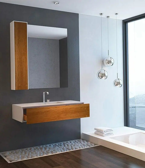 Corian® Waschtisch WoodOne mit Becken mittig eckig und Unterschrank einreihig