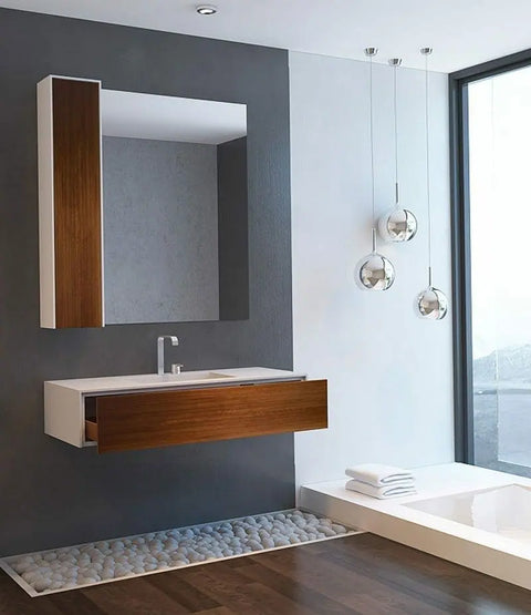 Corian® Waschtisch WoodOne mit Becken mittig eckig und Unterschrank einreihig