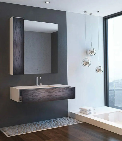Corian® Waschtisch WoodOne mit Becken mittig eckig und Unterschrank einreihig