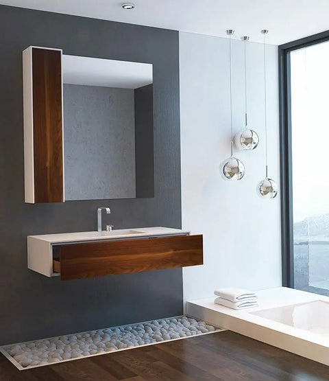Corian® Waschtisch WoodOne mit Becken mittig eckig und Unterschrank einreihig
