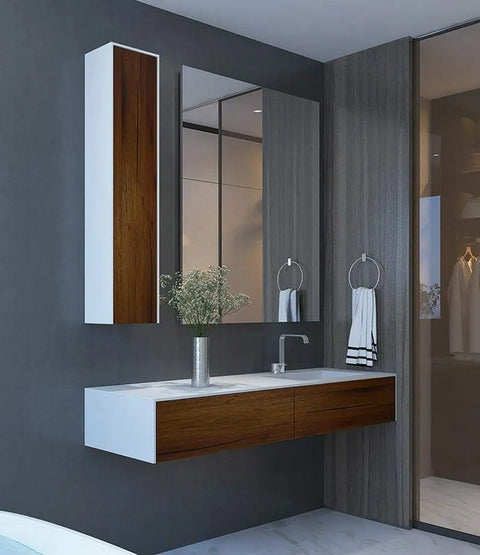 Corian® Waschtisch WoodOne mit Becken rechts eckig und Unterschrank einreihig