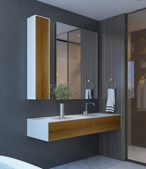 Corian® Waschtisch WoodOne mit Becken rechts eckig und Unterschrank einreihig