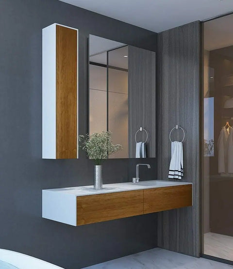 Corian® Waschtisch WoodOne mit Becken rechts eckig und Unterschrank einreihig