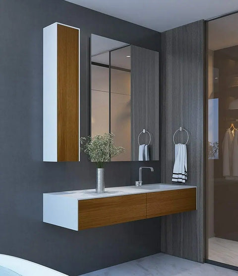 Corian® Waschtisch WoodOne mit Becken rechts eckig und Unterschrank einreihig