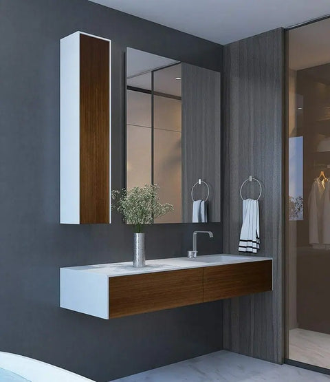 Corian® Waschtisch WoodOne mit Becken rechts eckig und Unterschrank einreihig