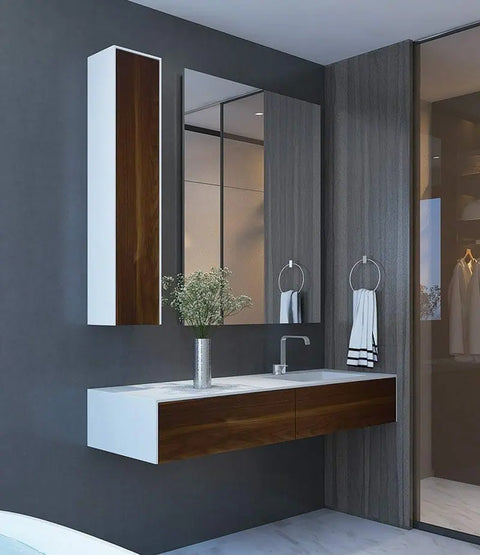 Corian® Waschtisch WoodOne mit Becken rechts eckig und Unterschrank einreihig