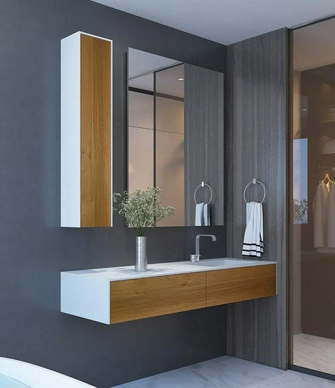 Corian® Waschtisch WoodOne mit Becken rechts eckig und Unterschrank einreihig