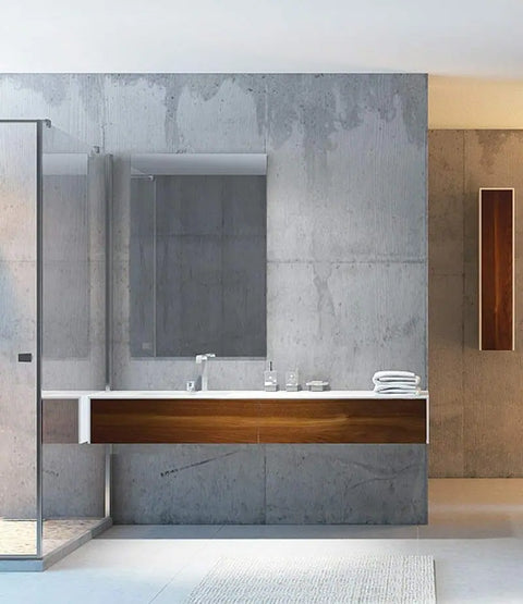 Corian® Waschtisch WoodOne mit Becken links eckig und Unterschrank einreihig