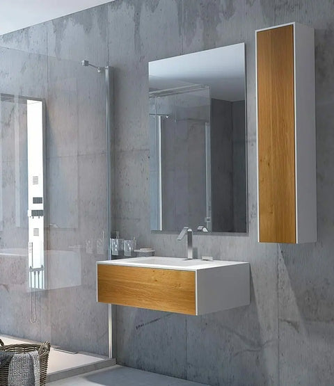 Corian® Waschtisch WoodOne mit Becken mittig eckig und Unterschrank einreihig