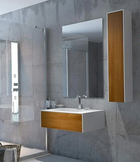 Corian® Waschtisch WoodOne mit Becken mittig eckig und Unterschrank einreihig