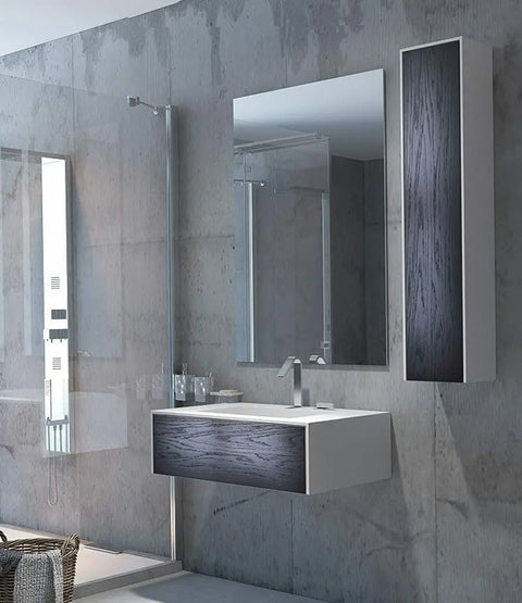 Corian® Waschtisch WoodOne mit Becken mittig eckig und Unterschrank einreihig