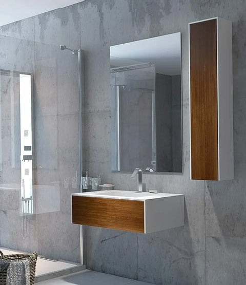 Corian® Waschtisch WoodOne mit Becken mittig eckig und Unterschrank einreihig