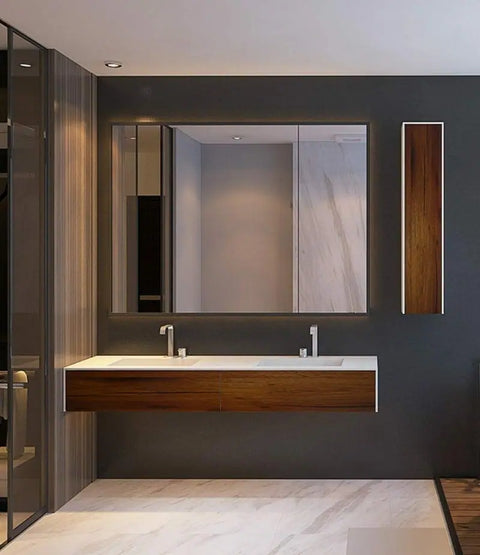 Corian® Doppelwaschtisch WoodOne eckig mit Unterschrank einreihig by Henneke