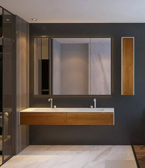Corian® Doppelwaschtisch WoodOne eckig mit Unterschrank einreihig by Henneke
