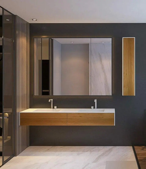 Corian® Doppelwaschtisch WoodOne eckig mit Unterschrank einreihig by Henneke