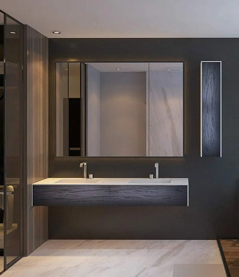 Corian® Doppelwaschtisch WoodOne eckig mit Unterschrank einreihig by Henneke