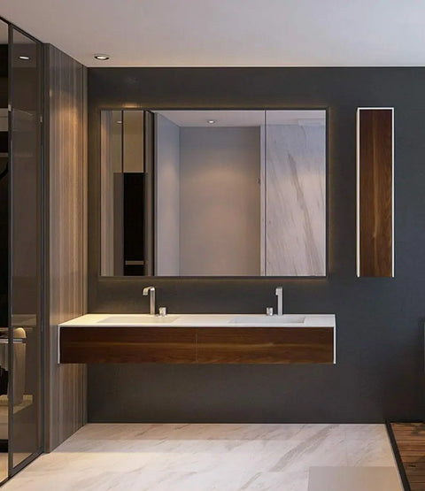 Corian® Doppelwaschtisch WoodOne eckig mit Unterschrank einreihig by Henneke
