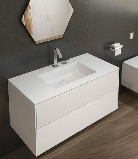 Corian® Waschtisch PureOne+ mit Becken mittig eckig und Unterschrank zweireihig