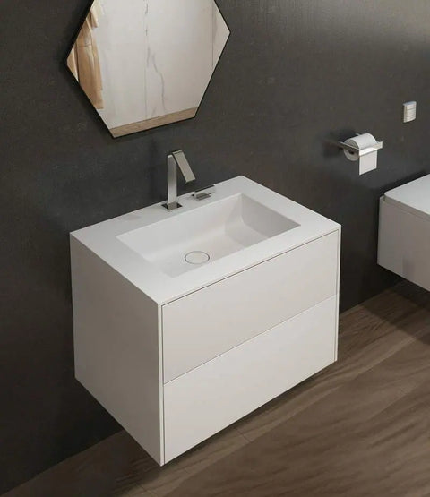 Corian® Waschtisch PureOne+ mit Becken mittig eckig und Unterschrank zweireihig