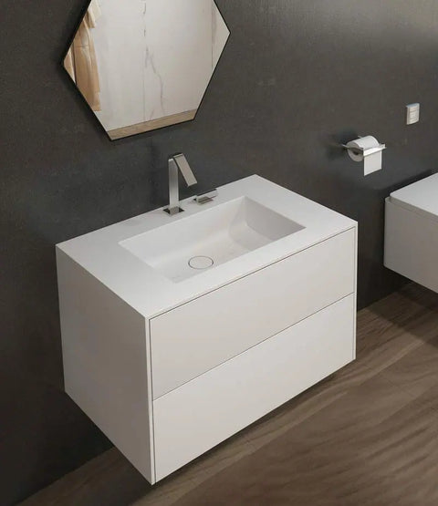 Corian® Waschtisch PureOne+ mit Becken mittig eckig und Unterschrank zweireihig