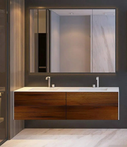 Corian® Doppelwaschtisch WoodOne+ eckig mit Unterschrank zweireihig by Henneke