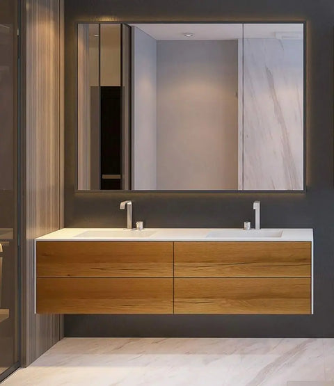 Corian® Doppelwaschtisch WoodOne+ eckig mit Unterschrank zweireihig by Henneke