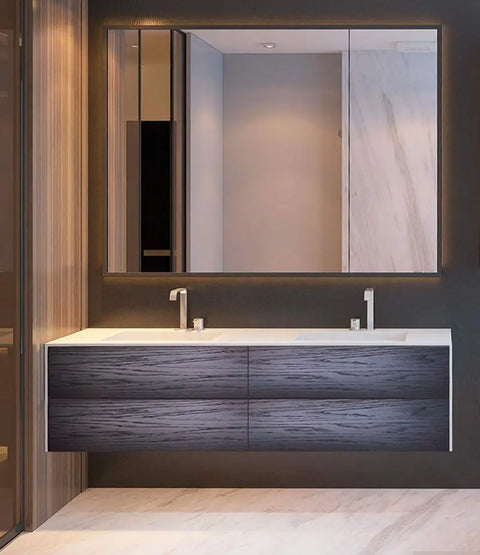 Corian® Doppelwaschtisch WoodOne+ eckig mit Unterschrank zweireihig by Henneke
