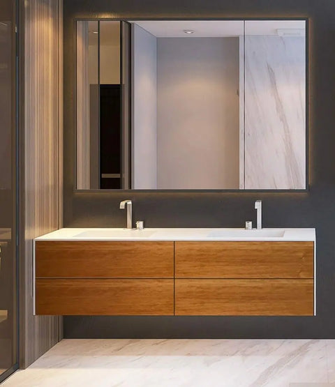 Corian® Doppelwaschtisch WoodOne+ eckig mit Unterschrank zweireihig by Henneke