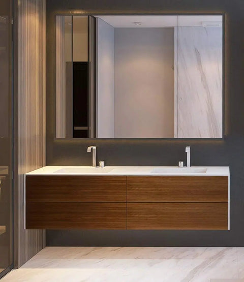 Corian® Doppelwaschtisch WoodOne+ eckig mit Unterschrank zweireihig by Henneke