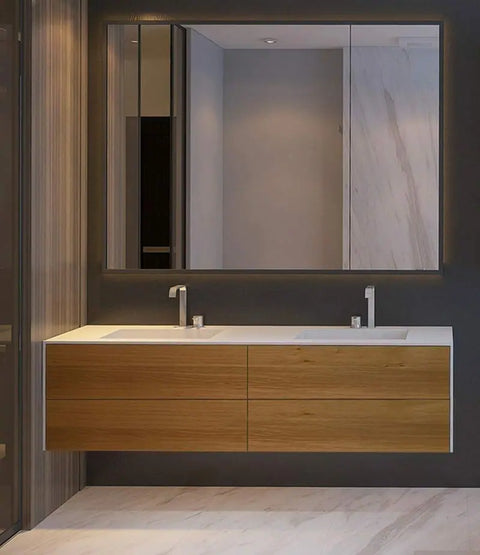 Corian® Doppelwaschtisch WoodOne+ eckig mit Unterschrank zweireihig by Henneke