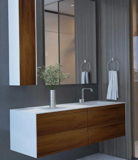 Corian® Waschtisch WoodOne+ mit Becken rechts eckig und Unterschrank zweireihig