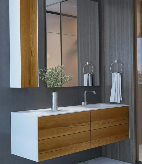 Corian® Waschtisch WoodOne+ mit Becken rechts eckig und Unterschrank zweireihig