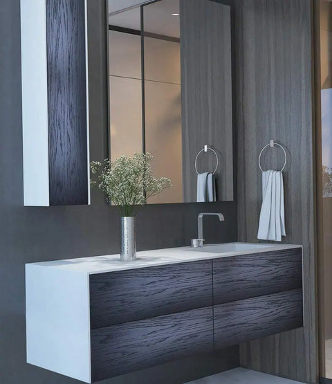 Corian® Waschtisch WoodOne+ mit Becken rechts eckig und Unterschrank zweireihig