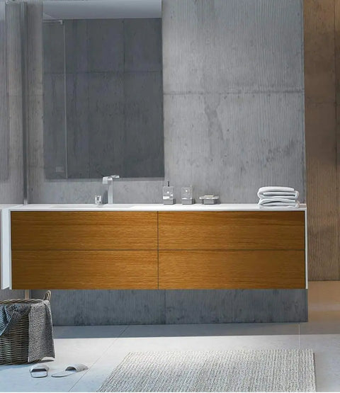 Corian® Waschtisch WoodOne+ mit Becken links eckig und Unterschrank zweireihig