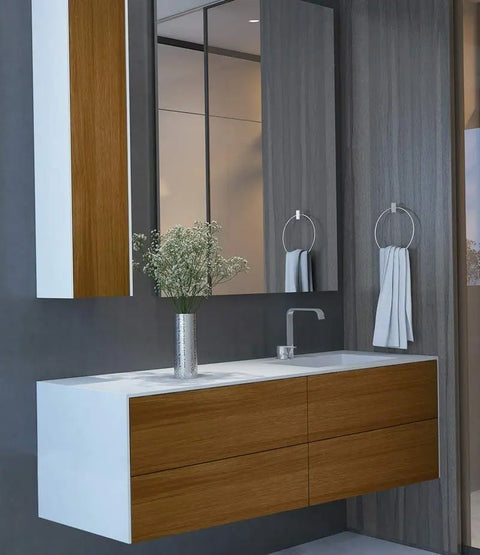 Corian® Waschtisch WoodOne+ mit Becken rechts eckig und Unterschrank zweireihig