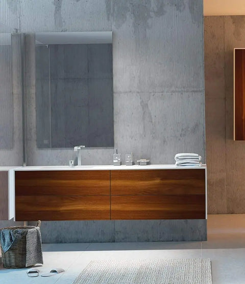 Corian® Waschtisch WoodOne+ mit Becken links eckig und Unterschrank zweireihig