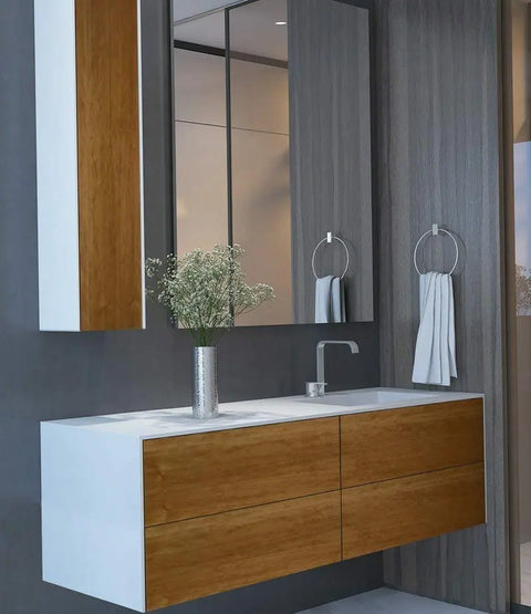 Corian® Waschtisch WoodOne+ mit Becken rechts eckig und Unterschrank zweireihig