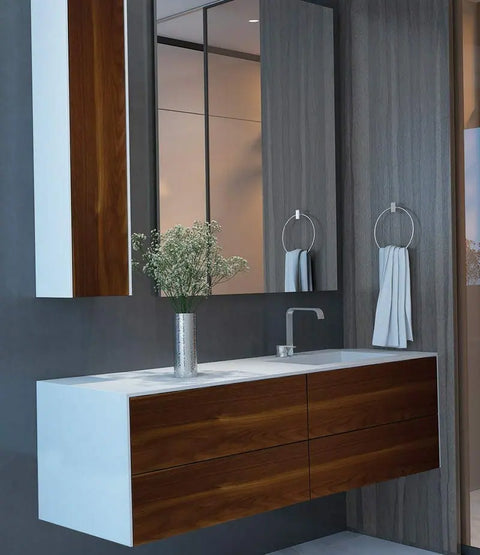 Corian® Waschtisch WoodOne+ mit Becken rechts eckig und Unterschrank zweireihig