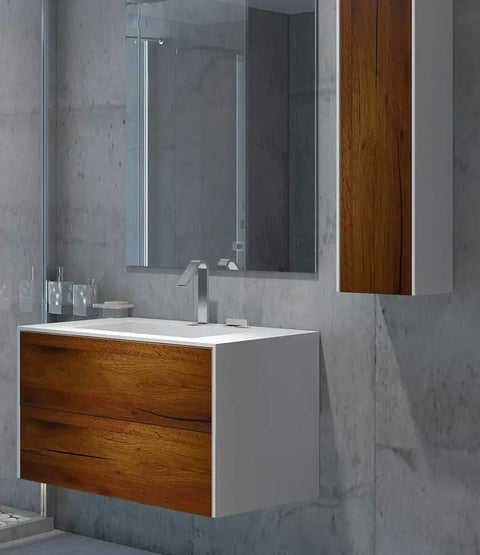 Corian® Waschtisch WoodOne+ mit Becken mittig eckig und Unterschrank zweireihig