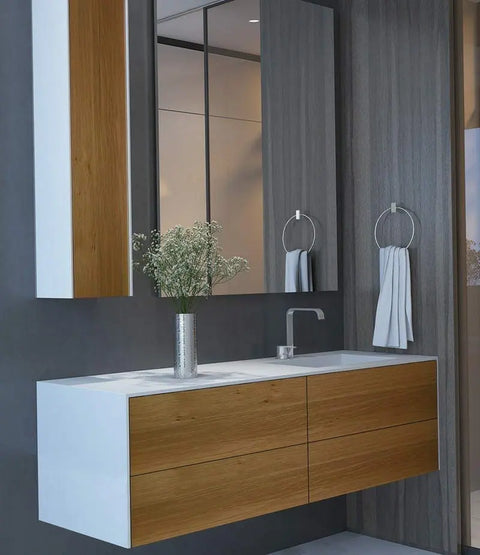 Corian® Waschtisch WoodOne+ mit Becken rechts eckig und Unterschrank zweireihig